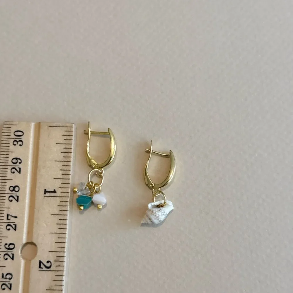 Anthropologie Gold Huggie Earrings with Shell, Turquoise and White Charms